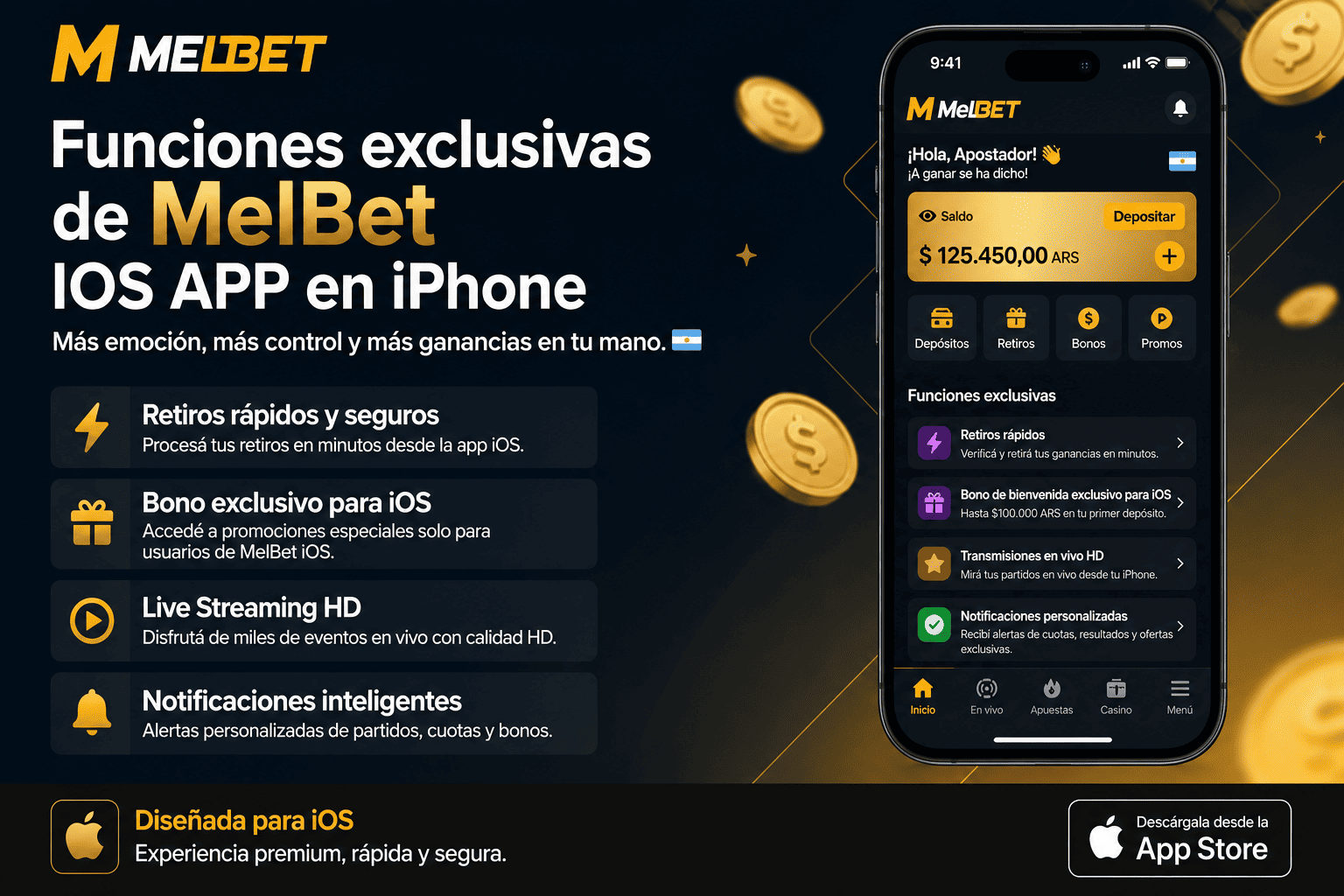 Funciones exclusivas de MelBet IOS APP en iPhone