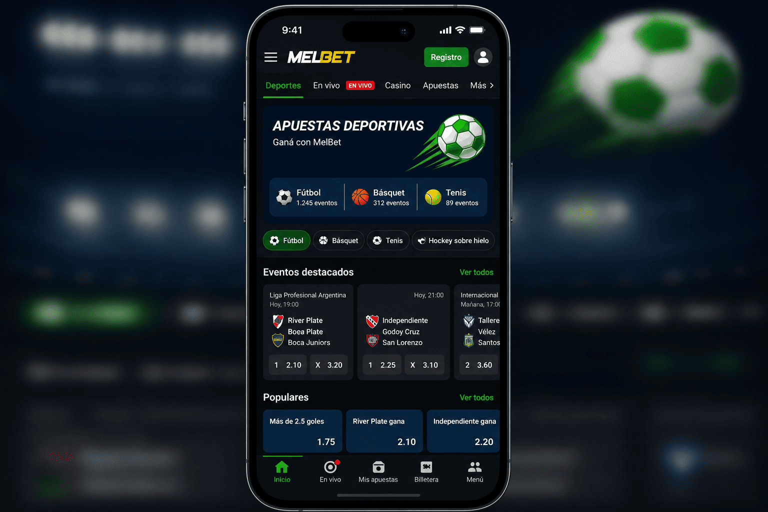 Sección de apuestas deportivas en la aplicación MelBet para iPhone