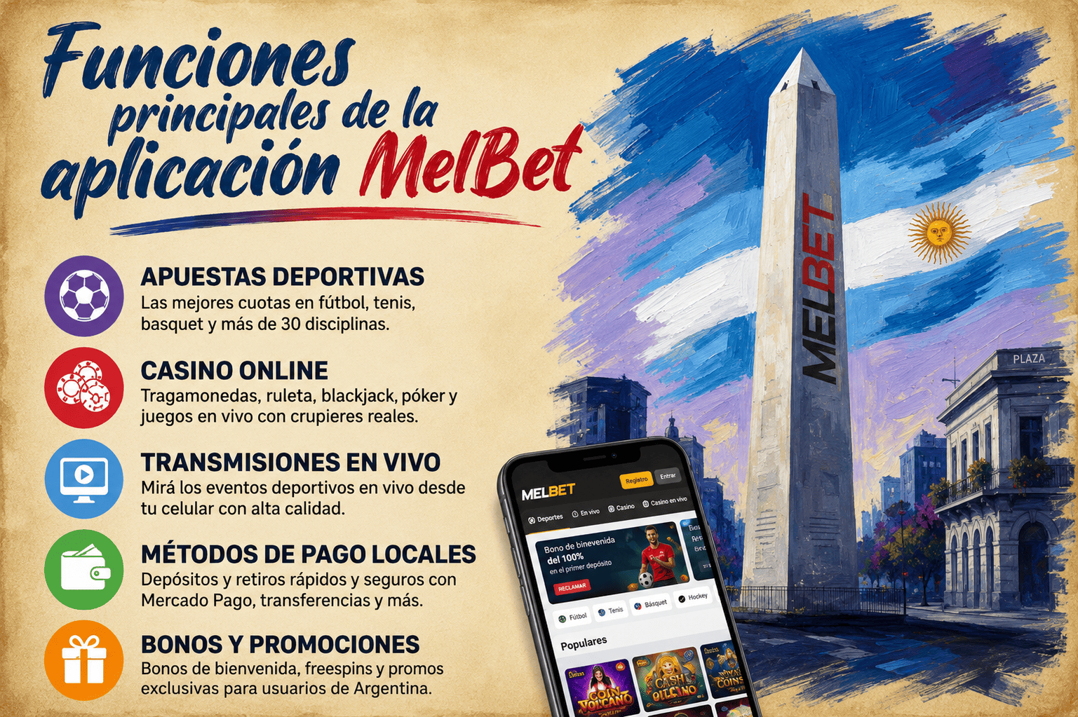 Funciones principales de la aplicación MelBet