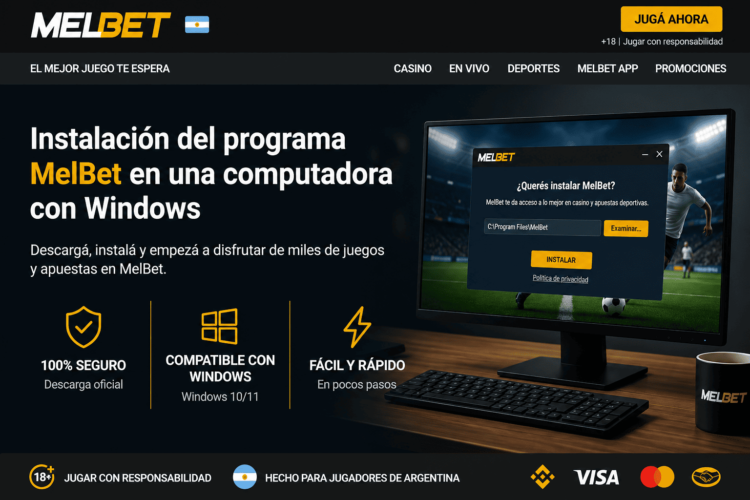Instalación del programa MelBet en una computadora con Windows